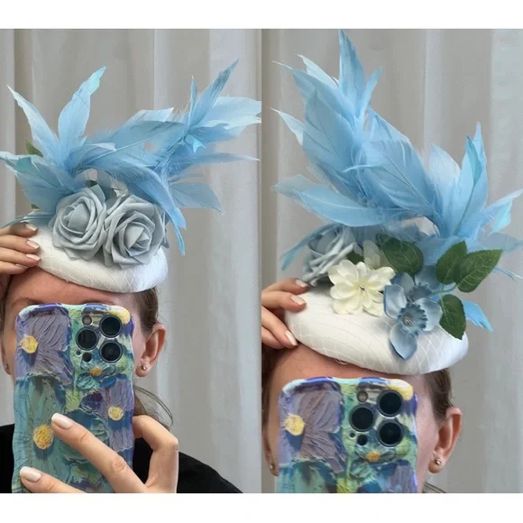 Reversible fascinator, baby blue, white, feathers, flowers, derby, tea party kentucky derby hat fascinator royal blue satin with light  main image 2
